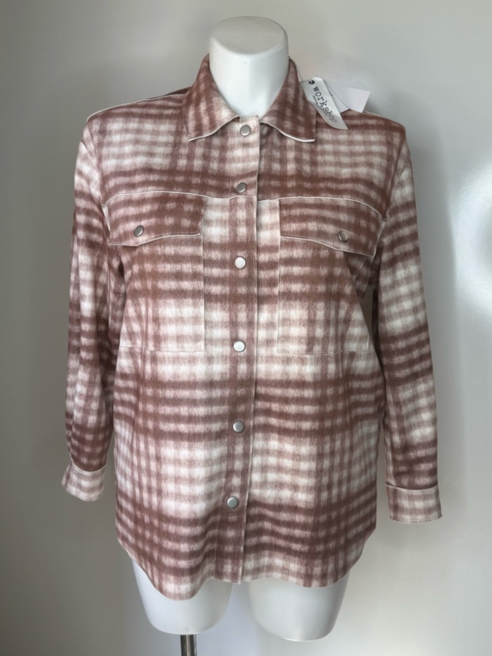 NWT. Workshop Republic Clothing Faux Suede Brown Plaid Shacket Jacket S